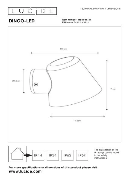 Lucide DINGO-LED - Wandlamp Binnen/Buiten - LED Dimb. - GU10 - 1x5W 3000K - IP44 - Wit - technisch